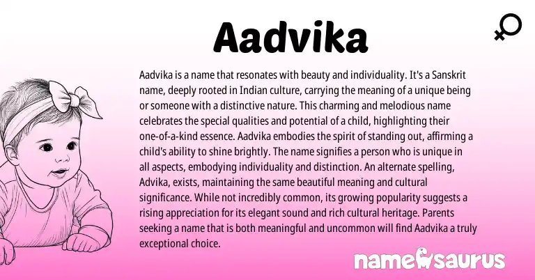 Infographic about Aadvika name meaning, Aadvika is a name from Hindi, Indian, Sanskrit origin(s).