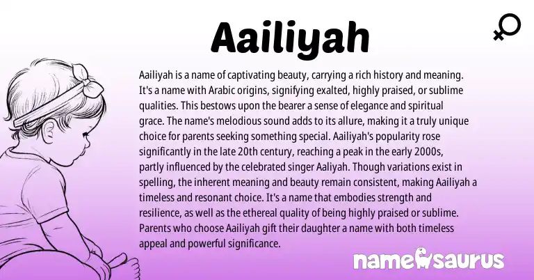 Infographic about Aailiyah name meaning, Aailiyah is a name from Arabic origin(s).