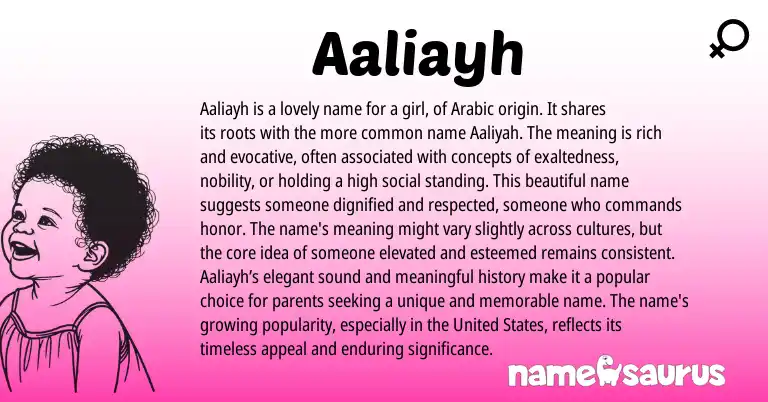 Infographic about Aaliayh name meaning, Aaliayh is a name from Arabic origin(s).