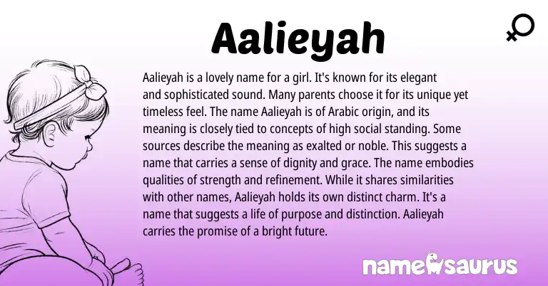 Infographic about Aalieyah name meaning, Aalieyah is a name from Arabic origin(s).