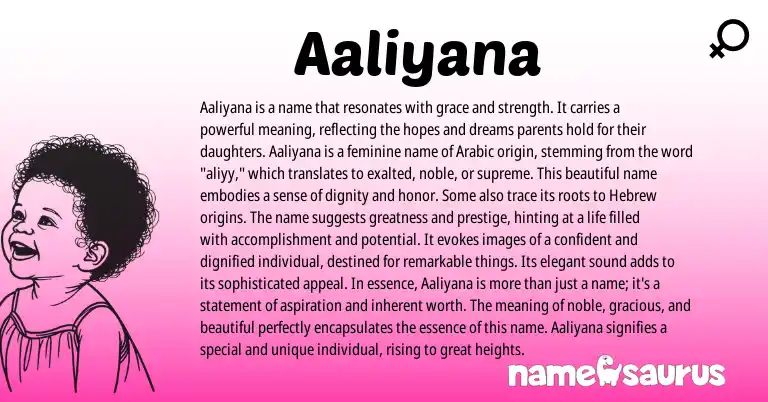 Infographic about Aaliyana name meaning, Aaliyana is a name from Persian, Arabic origin(s).
