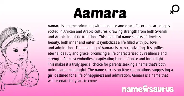 Infographic about Aamara name meaning, Aamara is a name from African, Arabic origin(s).
