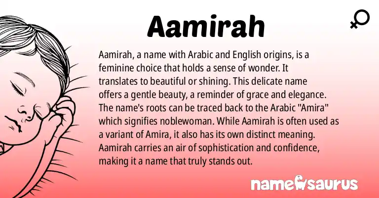 Infographic about Aamirah name meaning, Aamirah is a name from Arabic, English origin(s).