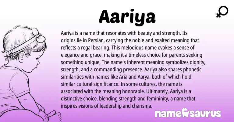 Infographic about Aariya name meaning, Aariya is a name from Persian origin(s).