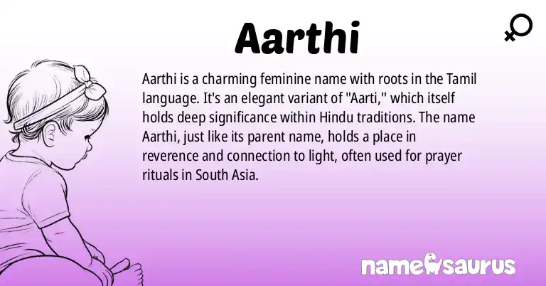 Infographic about Aarthi name meaning, Aarthi is a name from Tamil origin(s).