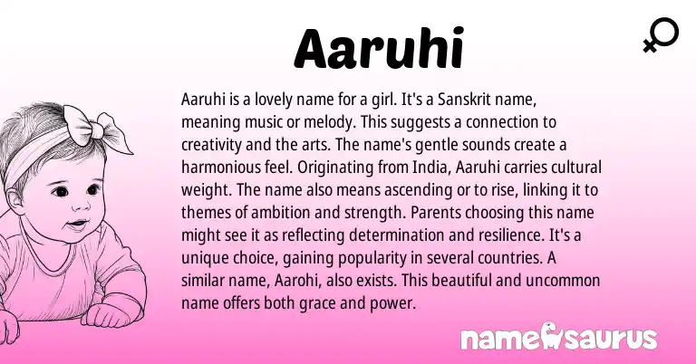 Infographic about Aaruhi name meaning, Aaruhi is a name from Sanskrit origin(s).