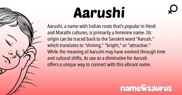 Infographic about Aarushi name meaning, Aarushi is a name from Indian, Hindi, Marathi origin(s).