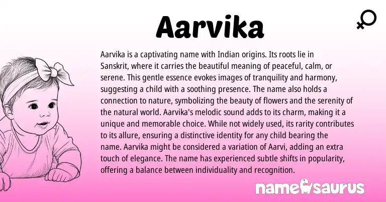 Infographic about Aarvika name meaning, Aarvika is a name from Indian, Sanskrit origin(s).