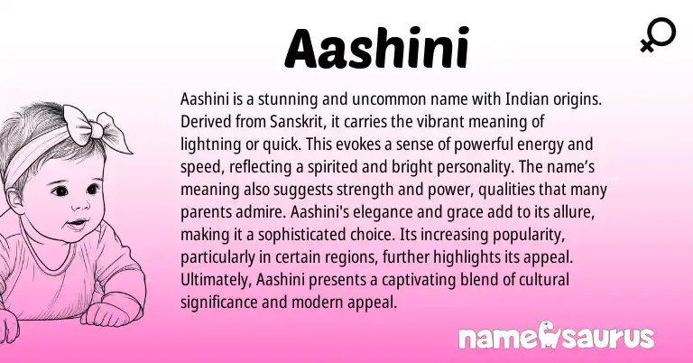Infographic about Aashini name meaning, Aashini is a name from Indian, Sanskrit origin(s).