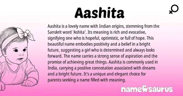Infographic about Aashita name meaning, Aashita is a name from Hindi, Indian, Sanskrit origin(s).