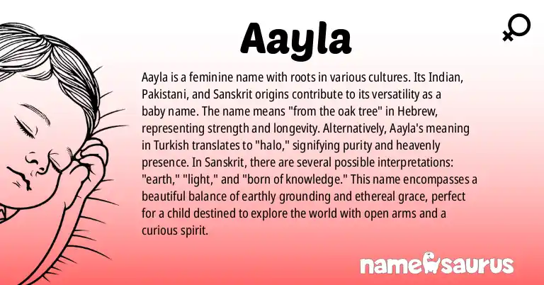 Infographic about Aayla name meaning, Aayla is a name from Indian, Pakistani, Sanskrit, Hebrew origin(s).