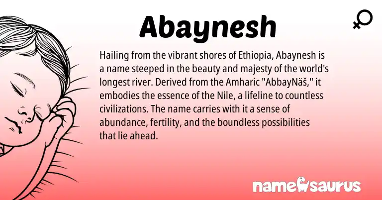 Infographic about Abaynesh name meaning, Abaynesh is a name from Amharic, Ethiopia origin(s).
