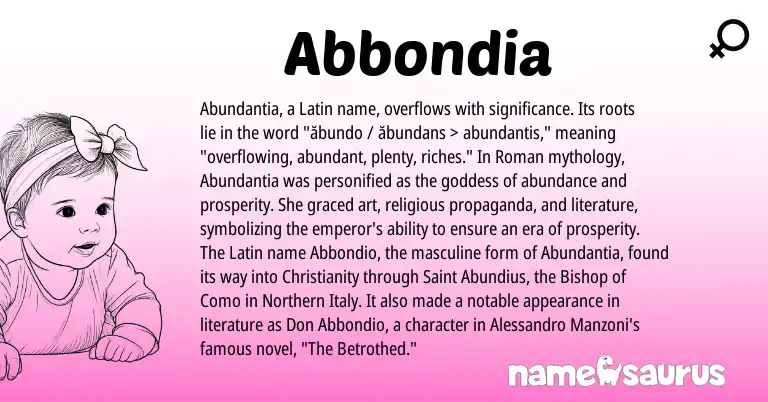 Infographic about Abbondia name meaning, Abbondia is a name from Roman, Christianity, Latin origin(s).