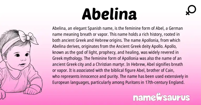 Infographic about Abelina name meaning, Abelina is a name from Ancient Greek, Spanish, European, England, Greek, German, Hebrew origin(s).
