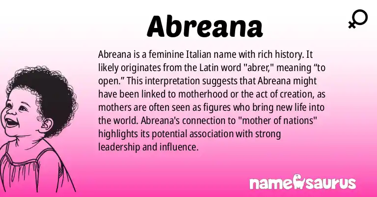 Infographic about Abreana name meaning, Abreana is a name from Italian origin(s).