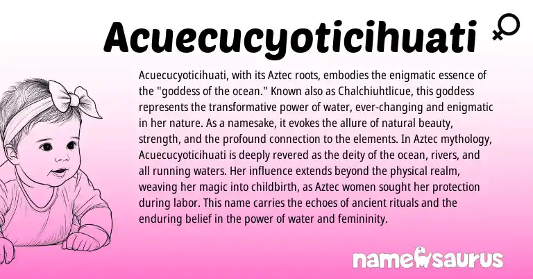 Infographic about Acuecucyoticihuati name meaning, Acuecucyoticihuati is a name from Aztec origin(s).