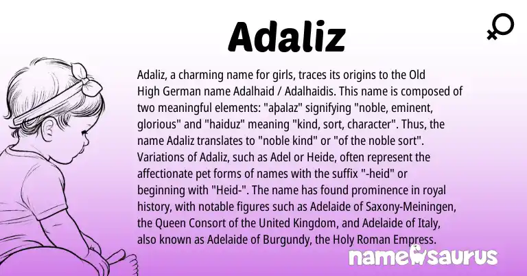 Infographic about Adaliz name meaning, Adaliz is a name from Old High German, Roman, United Kingdom origin(s).