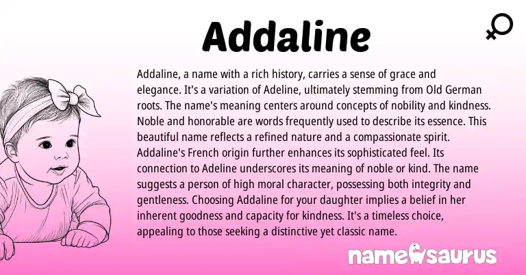 Infographic about Addaline name meaning, Addaline is a name from English, Germanic, French origin(s).