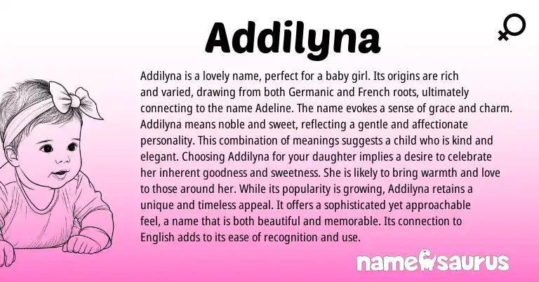 Infographic about Addilyna name meaning, Addilyna is a name from Germanic, French origin(s).
