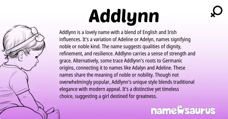 Infographic about Addlynn name meaning, Addlynn is a name from English, Irish origin(s).
