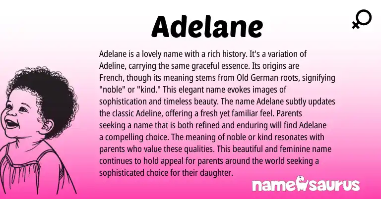 Infographic about Adelane name meaning, Adelane is a name from Germanic, French, English origin(s).