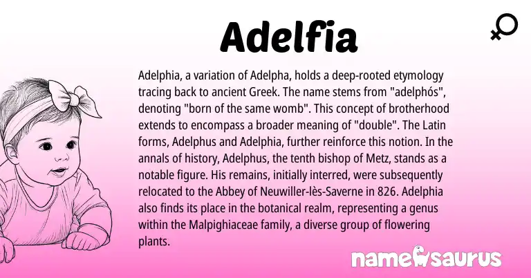 Infographic about Adelfia name meaning, Adelfia is a name from Latin, Greek origin(s).
