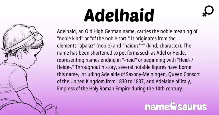 Infographic about Adelhaid name meaning, Adelhaid is a name from Old High German, Roman, United Kingdom origin(s).