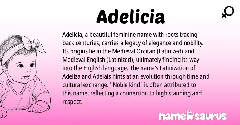 Infographic about Adelicia name meaning, Adelicia is a name from Medieval Occitan (Latinized), Medieval English (Latinized), English, German origin(s).