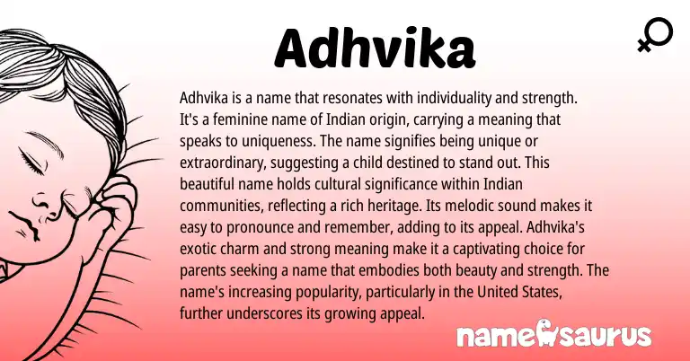 Infographic about Adhvika name meaning, Adhvika is a name from Indian, Sanskrit origin(s).