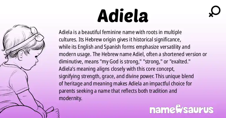 Infographic about Adiela name meaning, Adiela is a name from Hebrew, English, Spanish (Latin American), South African origin(s).