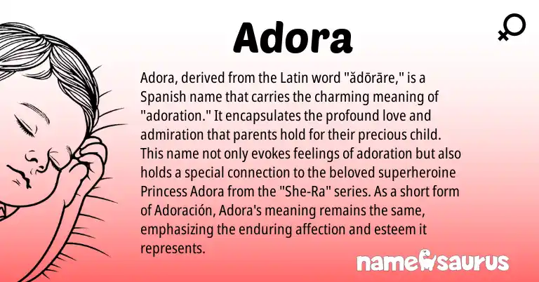 Infographic about Adora name meaning, Adora is a name from Spanish, Latin origin(s).