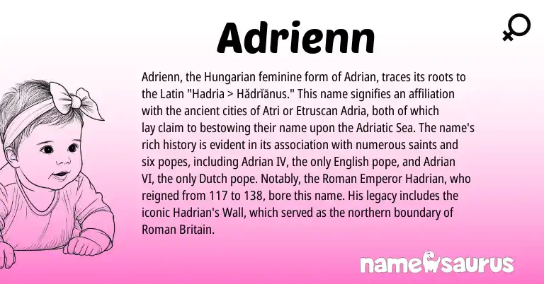 Infographic about Adrienn name meaning, Adrienn is a name from English, Etruscan, Hungarian, Latin, Roman, Dutch origin(s).
