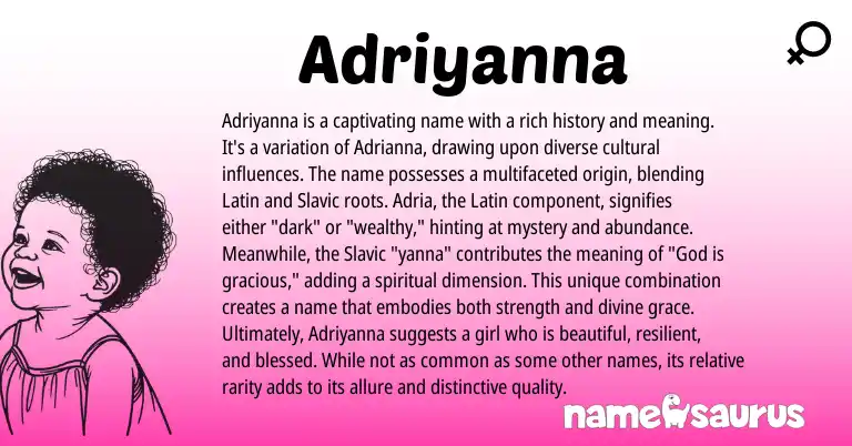 Infographic about Adriyanna name meaning, Adriyanna is a name from Latin, Italian, Slavic origin(s).