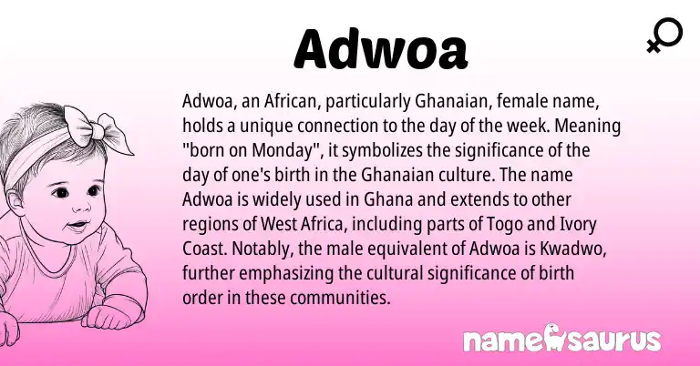 Infographic about Adwoa name meaning, Adwoa is a name from West Africa, Ghana, African, Ghanaian origin(s).
