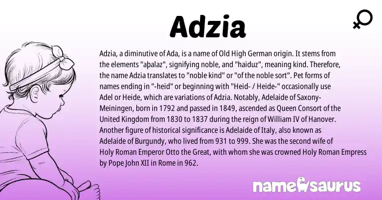 Infographic about Adzia name meaning, Adzia is a name from Old High German, Pet, Roman, United Kingdom origin(s).