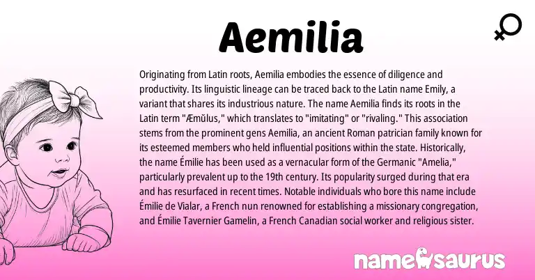 Infographic about Aemilia name meaning, Aemilia is a name from Canadian, French, Roman, Germanic, Latin origin(s).
