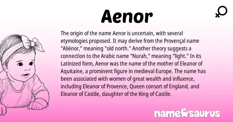 Infographic about Aenor name meaning, Aenor is a name from Provençal, Arabic, England origin(s).