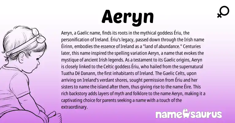 Infographic about Aeryn name meaning, Aeryn is a name from Irish, Gaelic, Celtic, Ireland origin(s).