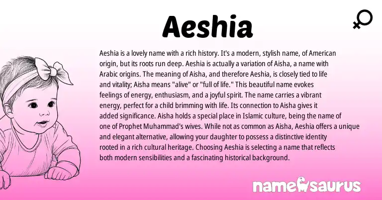 Infographic about Aeshia name meaning, Aeshia is a name from American, Arabic origin(s).