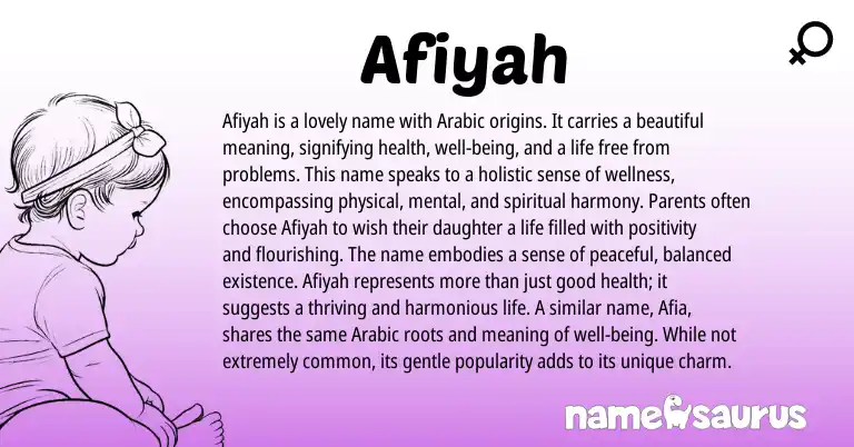Infographic about Afiyah name meaning, Afiyah is a name from Arabic origin(s).