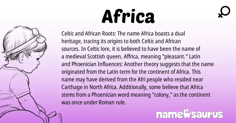 Infographic about Africa name meaning, Africa is a name from North Africa, Phoenician, Latin, Celtic, Roman, African, Scottish origin(s).