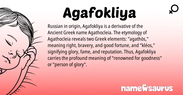 Infographic about Agafokliya name meaning, Agafokliya is a name from Russian, Greek origin(s).