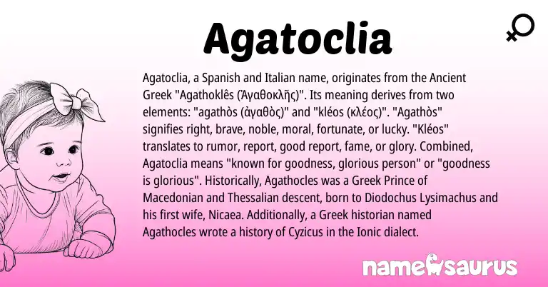 Infographic about Agatoclia name meaning, Agatoclia is a name from Ancient Greek, Spanish, Macedonian, Greek, Italian origin(s).