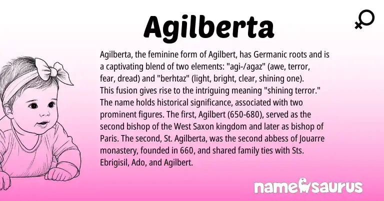 Infographic about Agilberta name meaning, Agilberta is a name from Saxon, Germanic origin(s).
