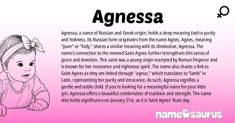 Infographic about Agnessa name meaning, Agnessa is a name from Russian, Greek origin(s).