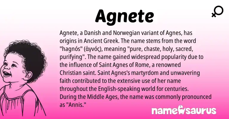 Infographic about Agnete name meaning, Agnete is a name from Norwegian, English, Ancient Greek, Danish origin(s).