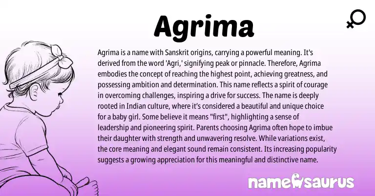 Infographic about Agrima name meaning, Agrima is a name from Indian, Hindi, Sanskrit origin(s).