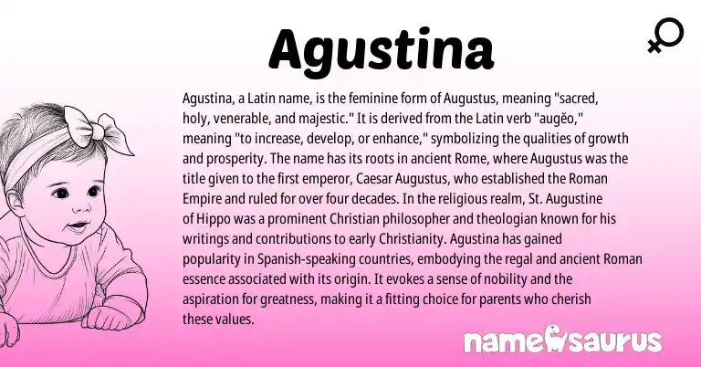 Infographic about Agustina name meaning, Agustina is a name from Roman, Spanish, Christianity, Latin origin(s).
