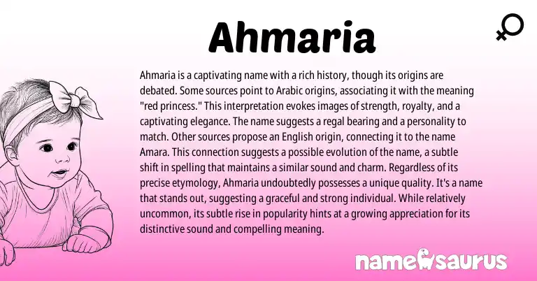Infographic about Ahmaria name meaning, Ahmaria is a name from Arabic origin(s).