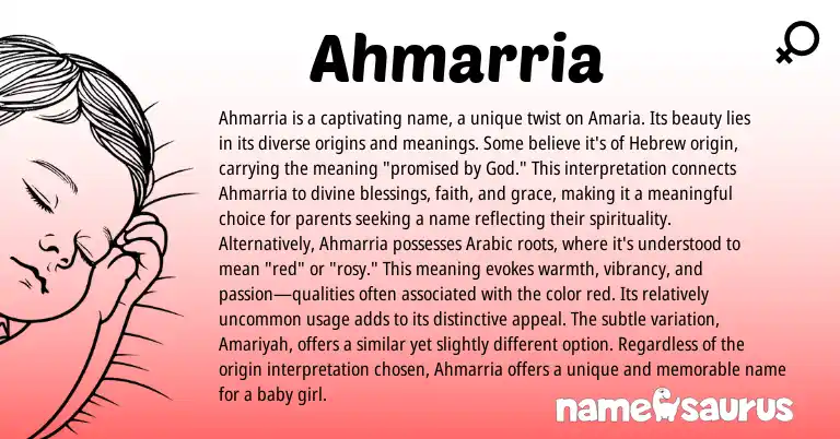 Infographic about Ahmarria name meaning, Ahmarria is a name from Hebrew, American origin(s).